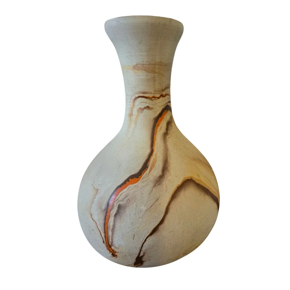 Nemadji Pottery Marbled Bud Vase Earth Tone Swirl Orange Brown USA Folk Art 6.5